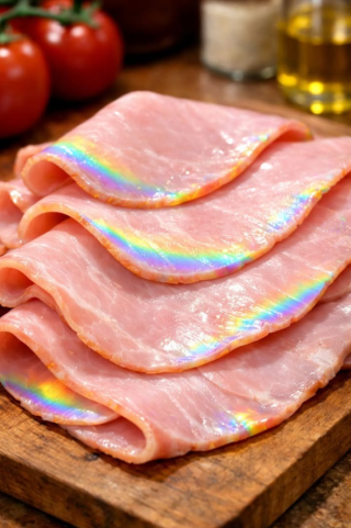Wyjąłem szynkę delikatesową z lodówki i zauważyłem tęczowy połysk na plasterkach. Czy to normalne?